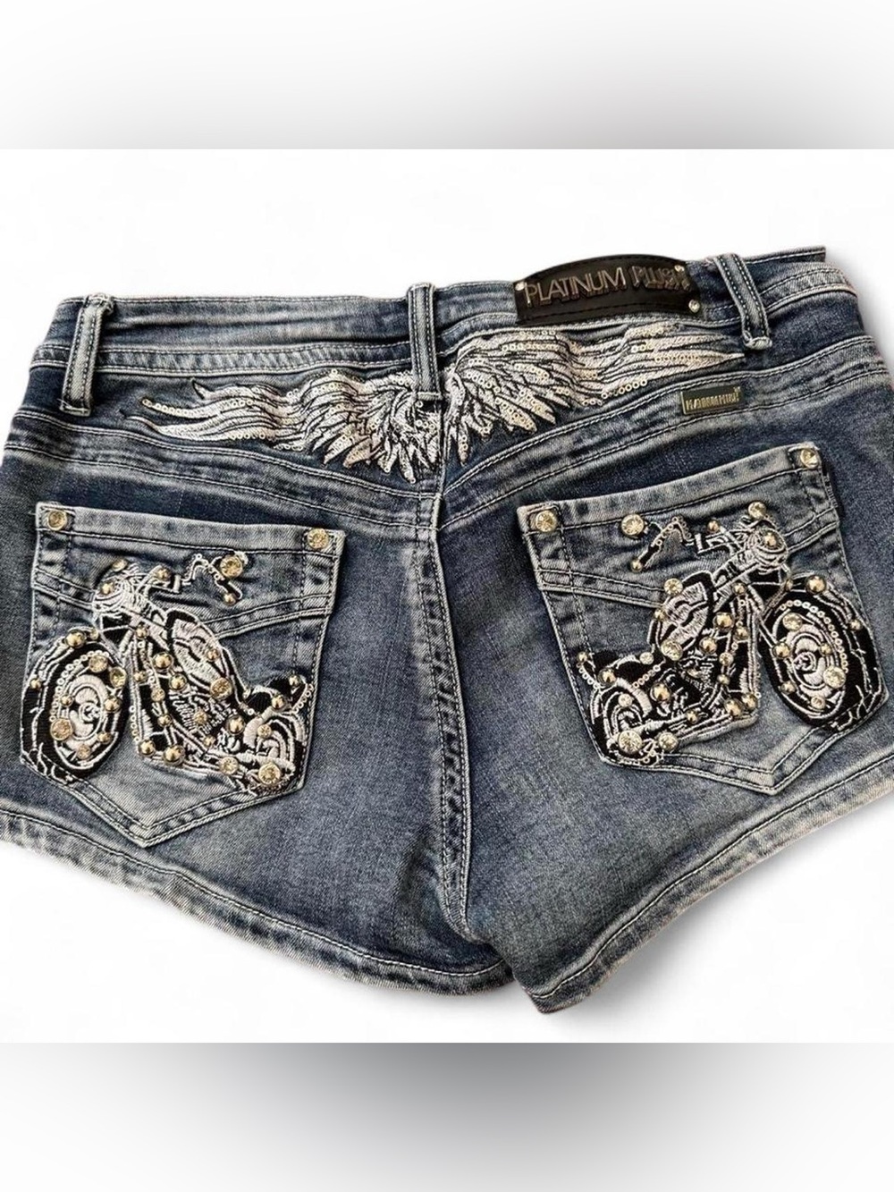 Platinum Plush Rhinestone Angel Wing Motorcycle Denim Shorts Y2K